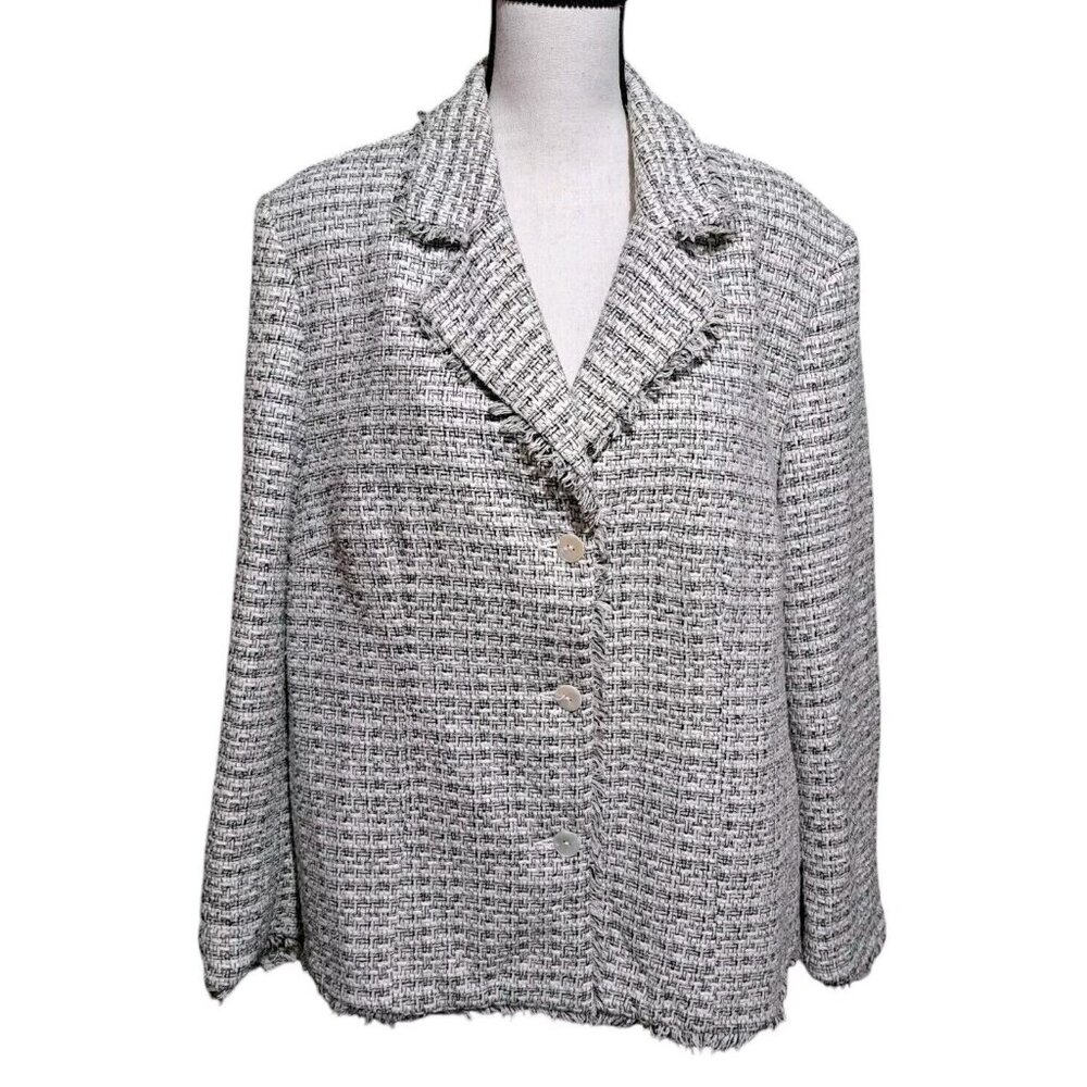 Silkland White Black Tweed Blazer Jacket Fringe Detail Long Sleeve Button Up 16W